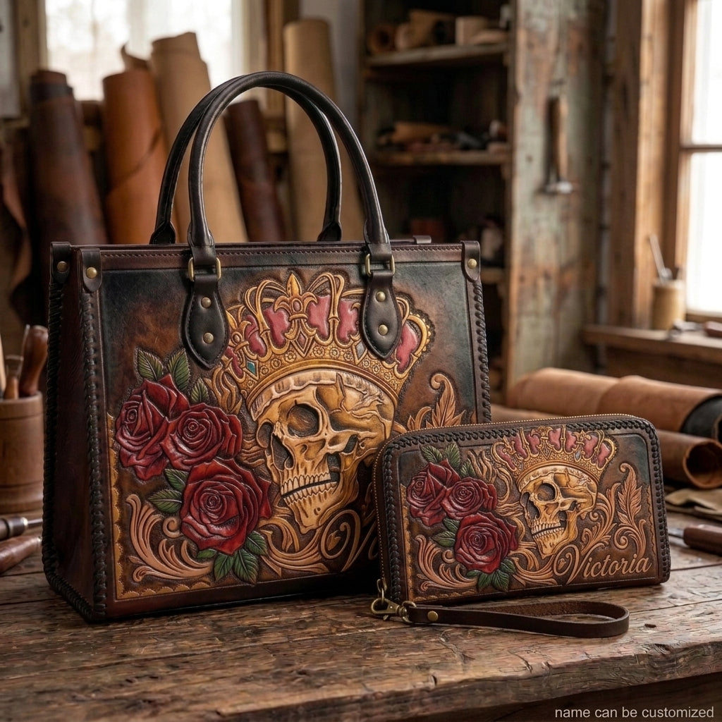 Royal Crown Skull & Roses Leather Bag + Free Wallet