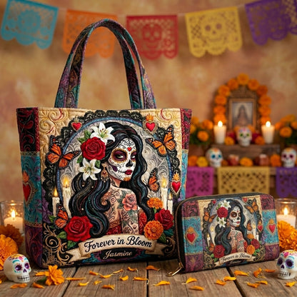 Forever In Bloom Rose Skull Lady Personalized Quilted Tote Bag & Free-Motion Embroidery Wallet Set