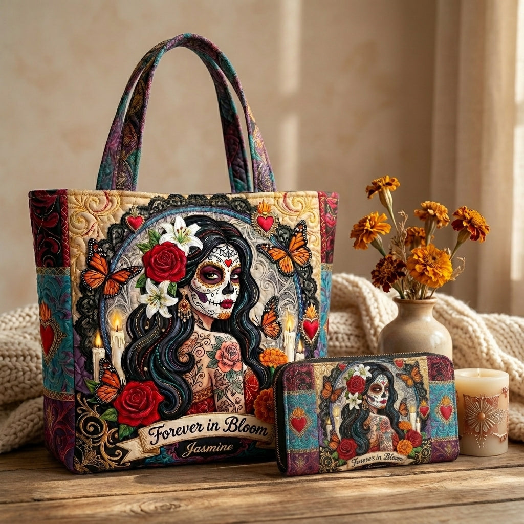 Forever In Bloom Rose Skull Lady Personalized Quilted Tote Bag & Free-Motion Embroidery Wallet Set