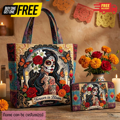 Forever In Bloom Rose Skull Lady Personalized Quilted Tote Bag & Free-Motion Embroidery Wallet Set