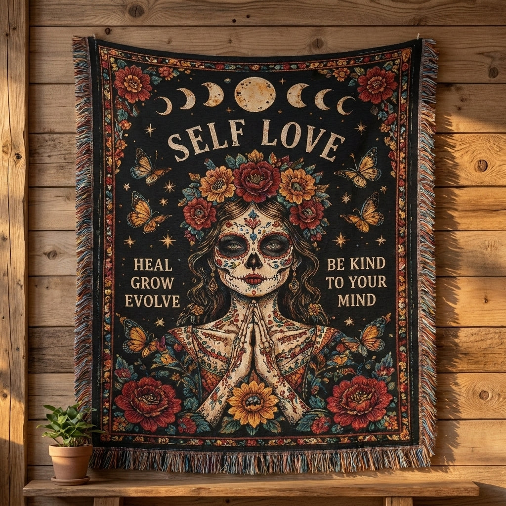 Self Love Sugar Skull Woman Floral Woven Blanket