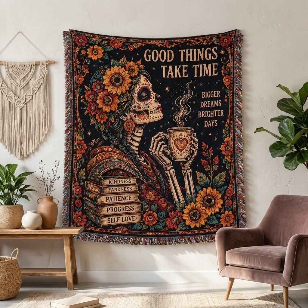 Good Things Take Time Sugar Skull Woman Woven Blanket