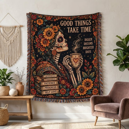 Good Things Take Time Sugar Skull Woman Woven Blanket