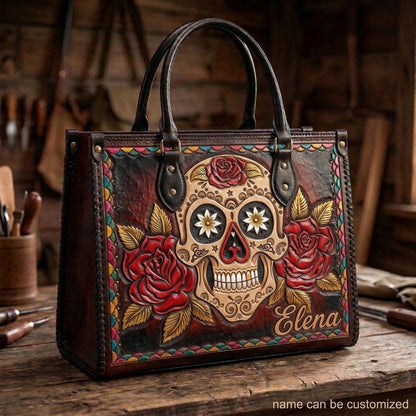 Red Rose Sugar Skull Leather Bag + Free Wallet