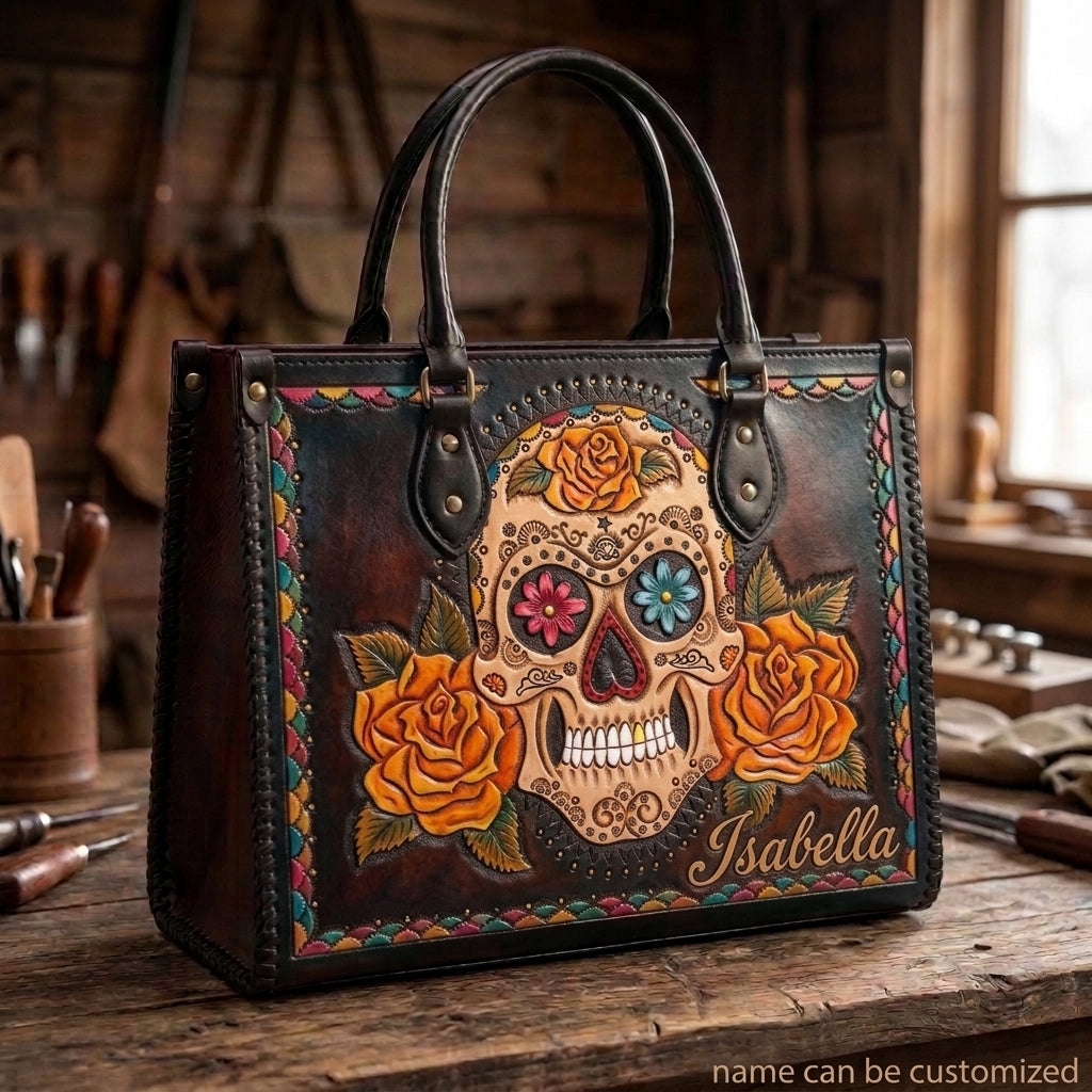 Marigold Sugar Skull Leather Bag + Free Wallet