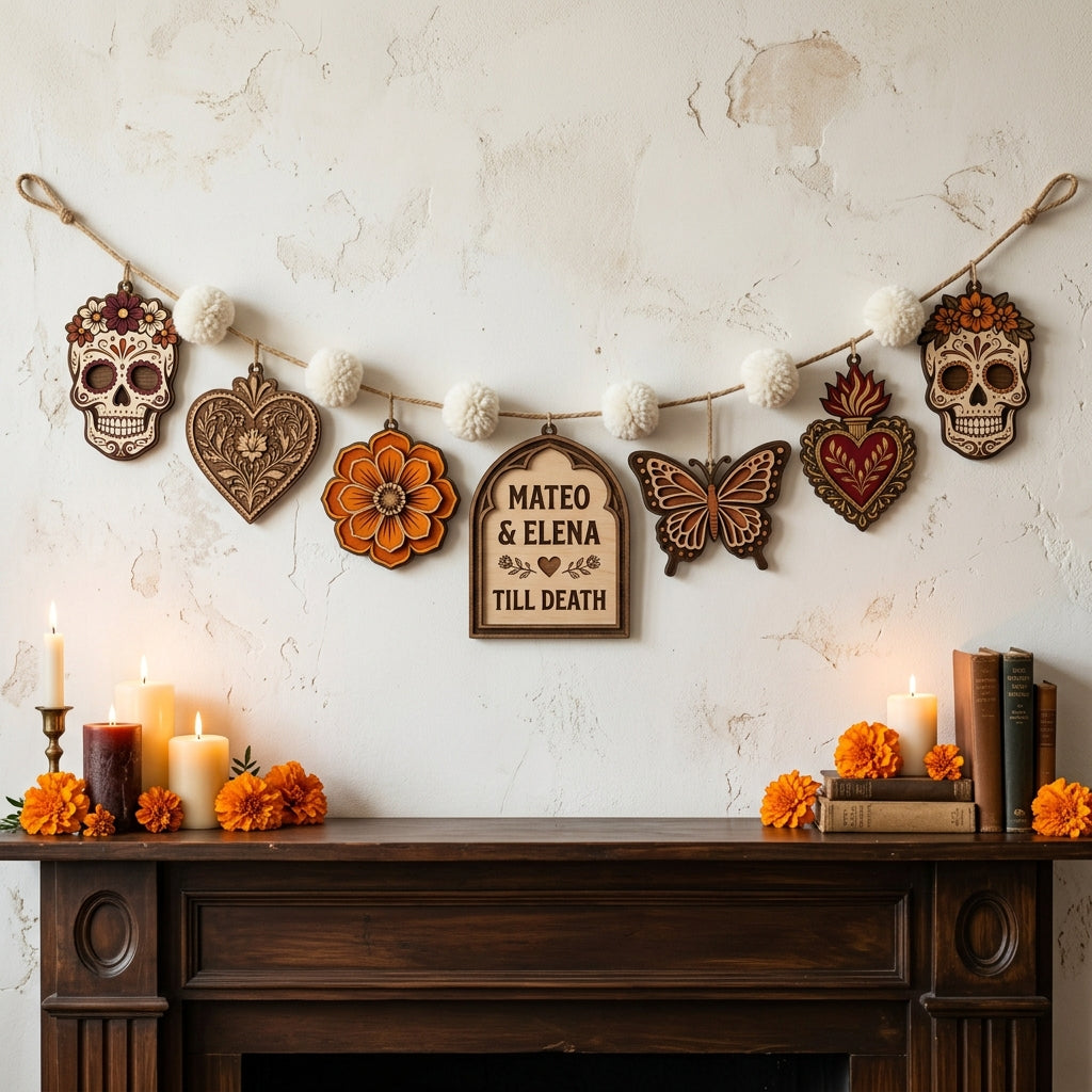Sugar Skull Floral Till Death Personalized Wooden Garland