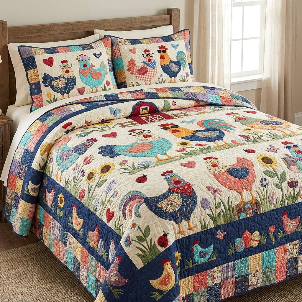 Colorful Chicken Quilted Bedding Set