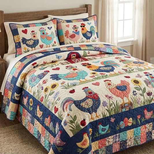 Colorful Chicken Quilted Bedding Set