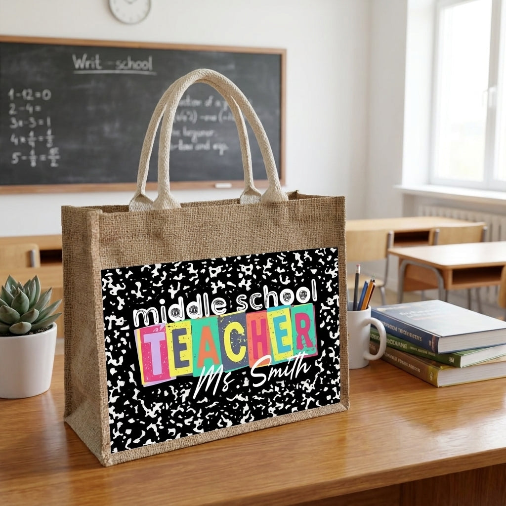 Teacher Name V1 Personalized Jute Tote Bag