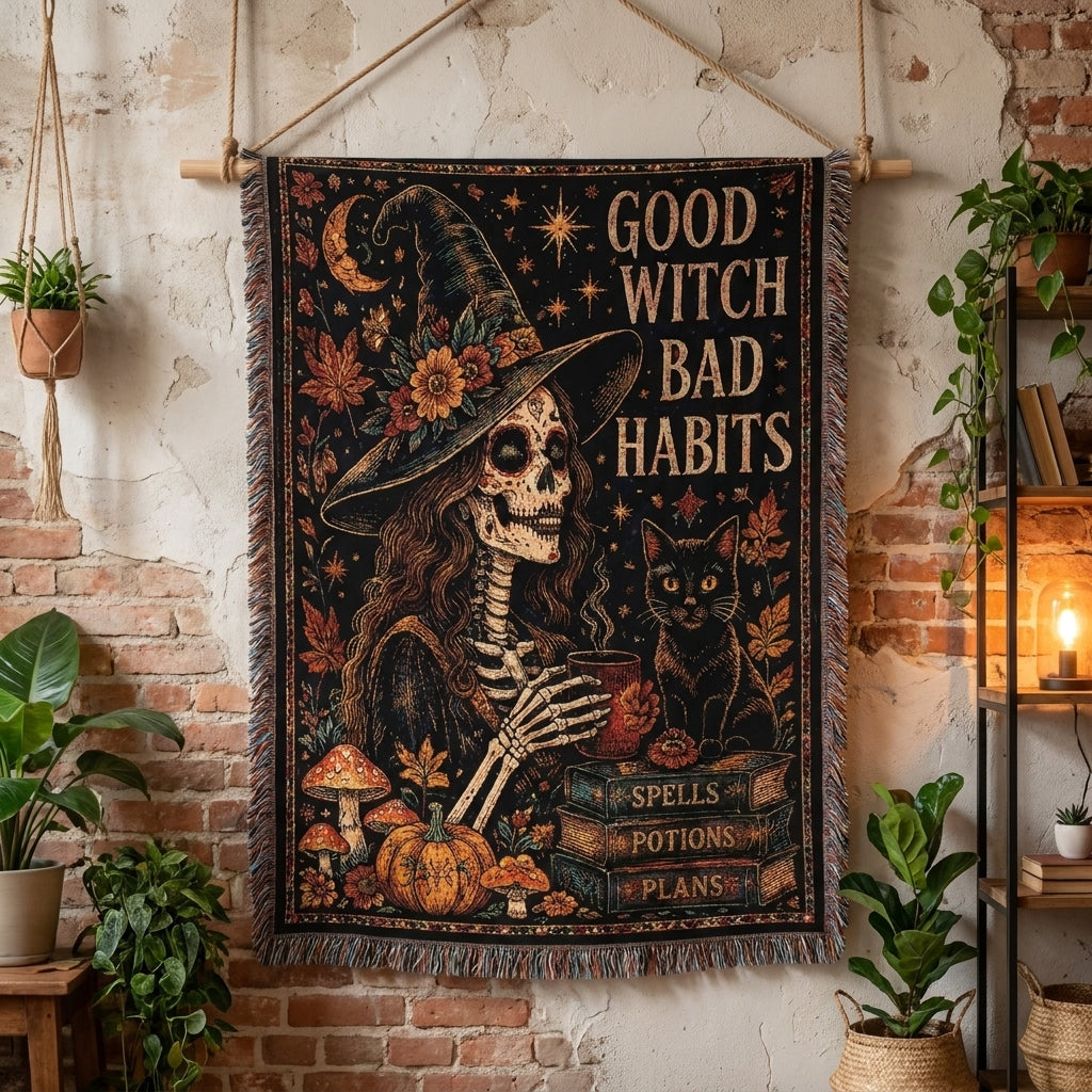 Good Witch Bad Habits Skeleton Witch & Black Cat Halloween Woven Blanket