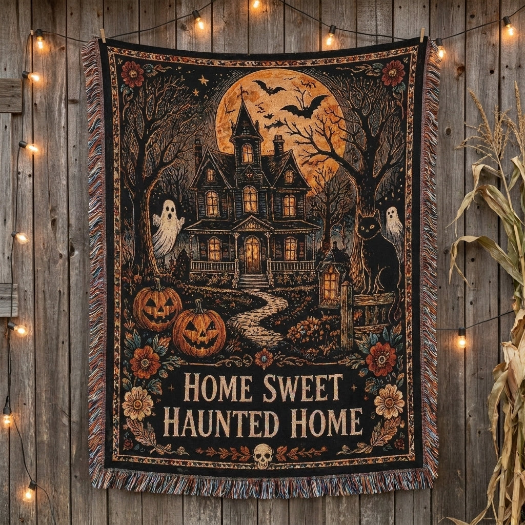 Home Sweet Haunted Home Halloween Haunted House Woven Blanket