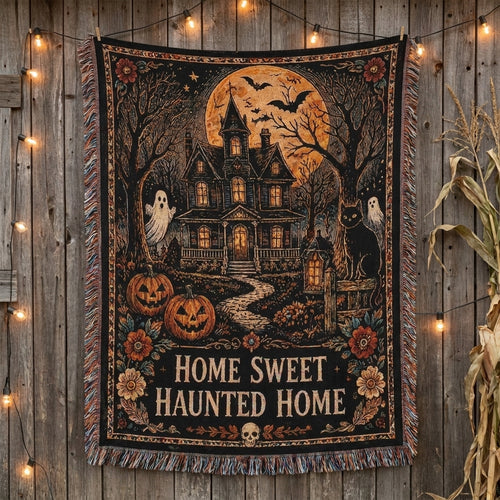Home Sweet Haunted Home Halloween Haunted House Woven Blanket