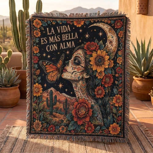 La Vida Es Más Bella Con Alma Sugar Skull Desert Woven Blanket