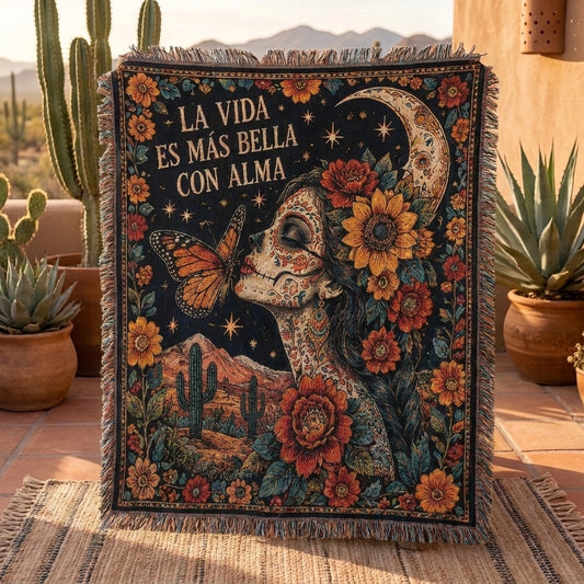 La Vida Es Más Bella Con Alma Sugar Skull Desert Woven Blanket