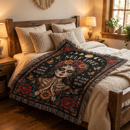 Self Love Sugar Skull Woman Floral Woven Blanket