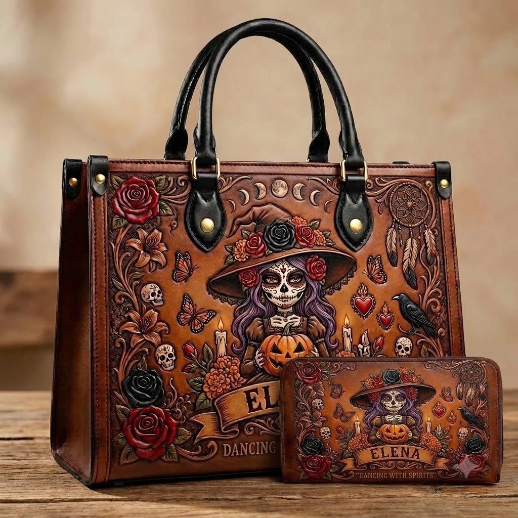 Gothic Catrina Personalized Leather Bag + Free Wallet
