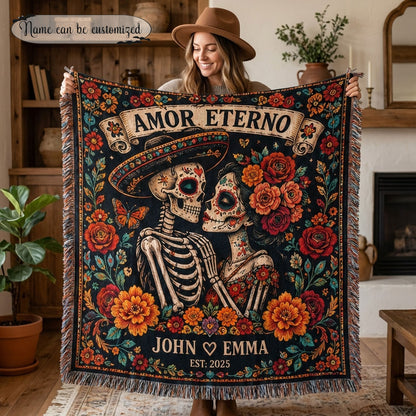 Amor Eterno Personalized Skeleton Couple Woven Blanket