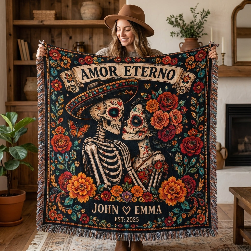 Amor Eterno Personalized Skeleton Couple Woven Blanket