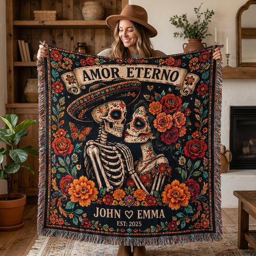 Amor Eterno Personalized Skeleton Couple Woven Blanket