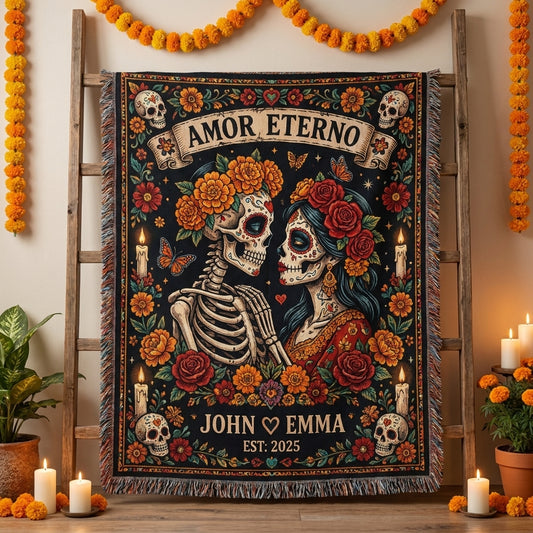 Amor Eterno Personalized Couple Sugar Skull Woven Blanket