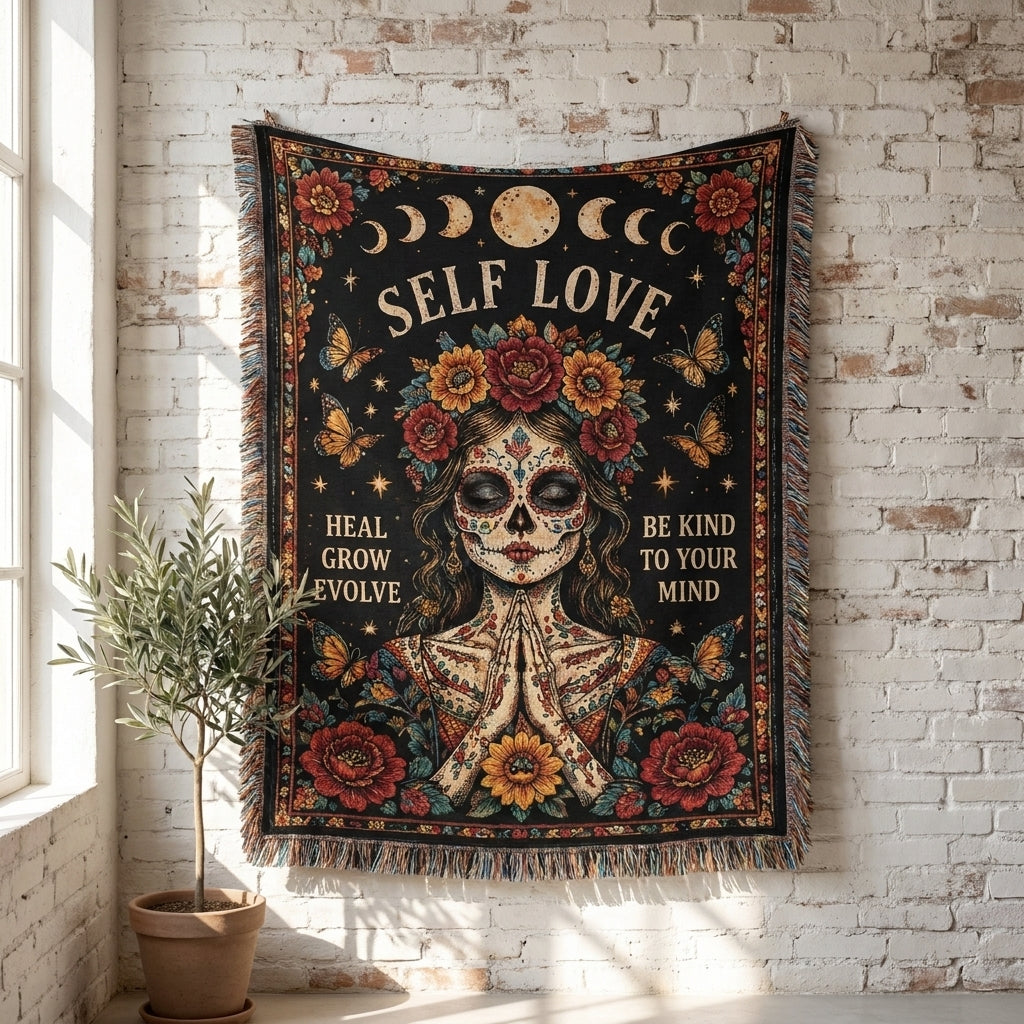 Self Love Sugar Skull Woman Floral Woven Blanket