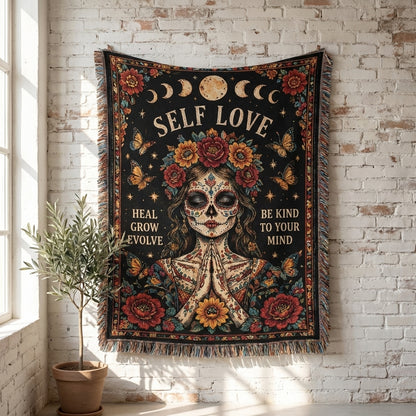 Self Love Sugar Skull Woman Floral Woven Blanket