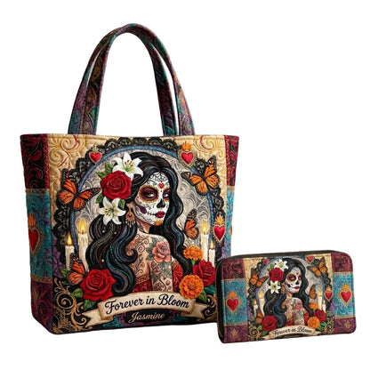 Forever In Bloom Rose Skull Lady Personalized Quilted Tote Bag & Free-Motion Embroidery Wallet Set