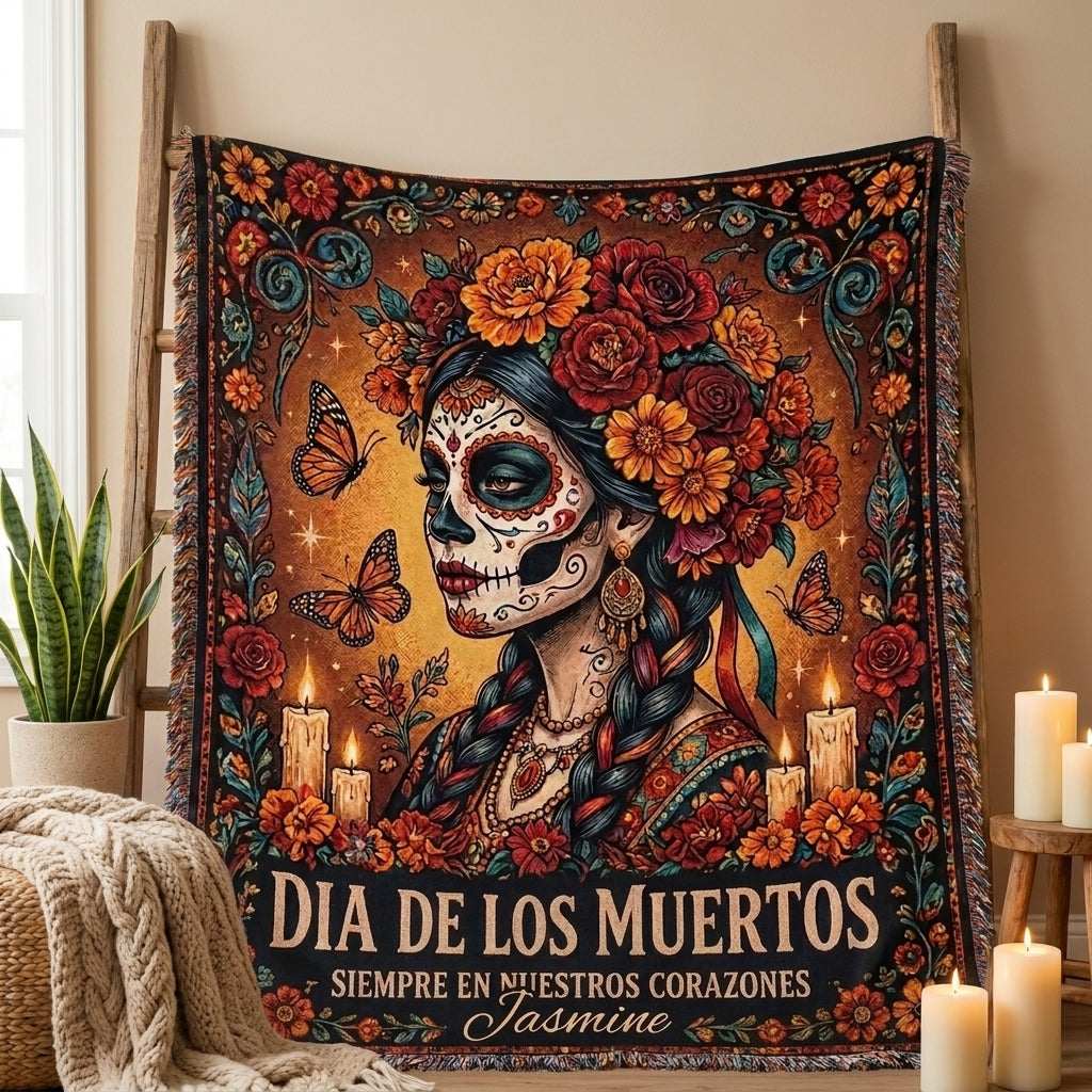 Día de los Muertos Sugar Skull Woman Personalized Woven Blanket