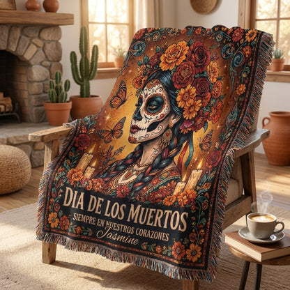 Día de los Muertos Sugar Skull Woman Personalized Woven Blanket