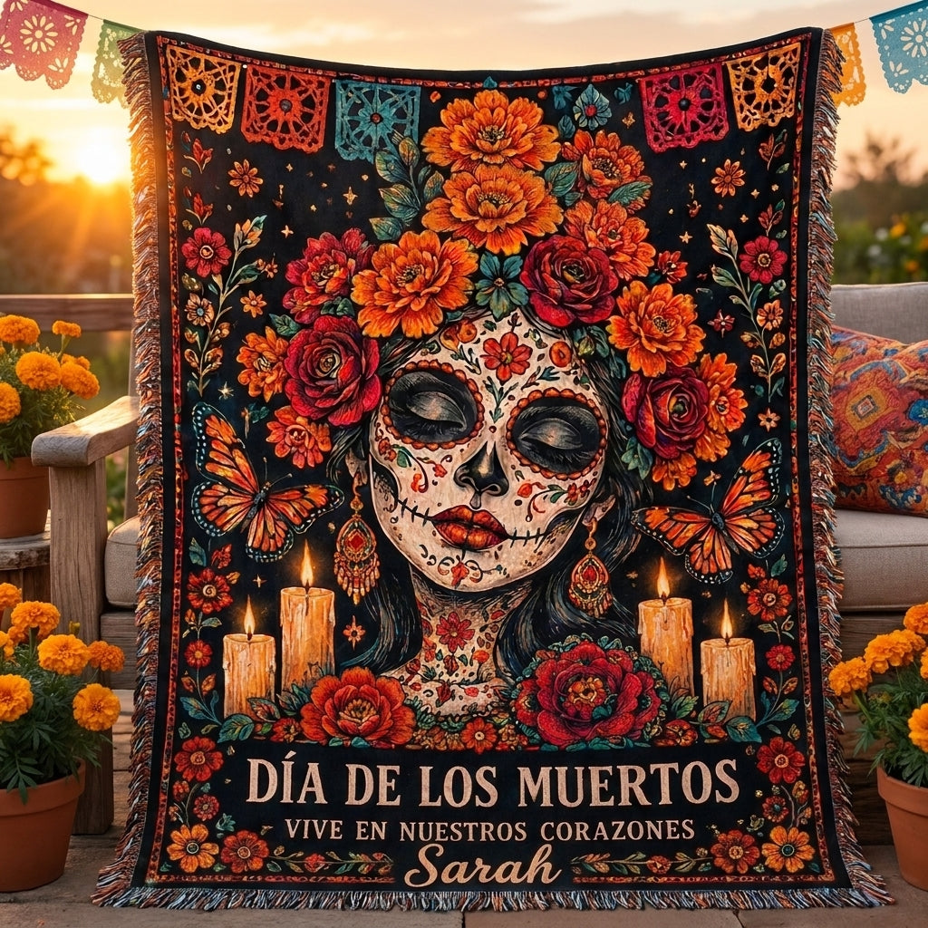 Día de los Muertos Floral Sugar Skull Woman Woven Blanket