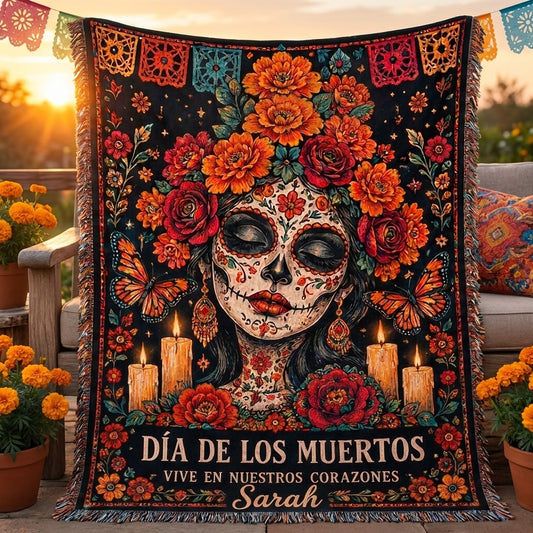 Día de los Muertos Floral Sugar Skull Woman Woven Blanket