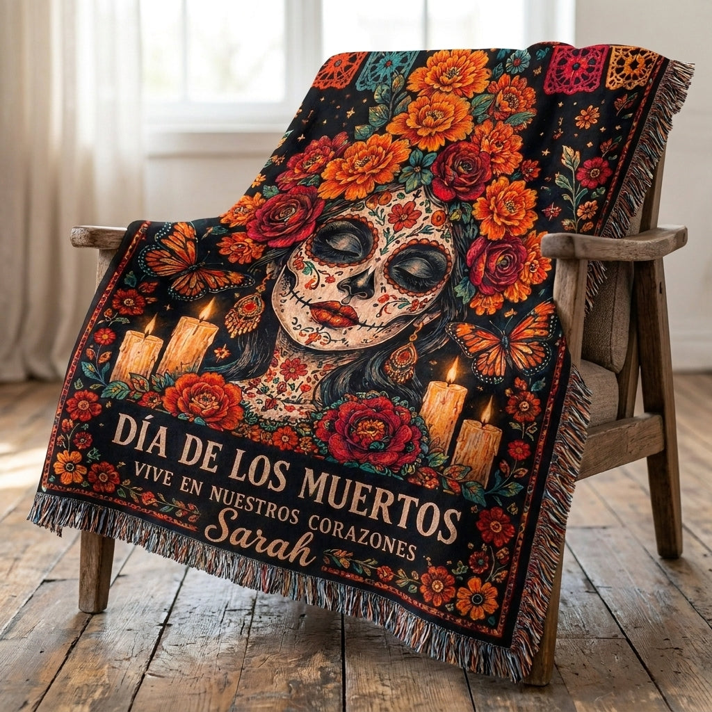 Día de los Muertos Floral Sugar Skull Woman Woven Blanket