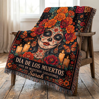 Día de los Muertos Floral Sugar Skull Woman Woven Blanket