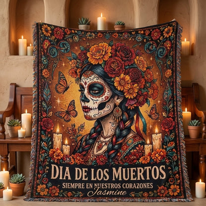 Día de los Muertos Sugar Skull Woman Personalized Woven Blanket