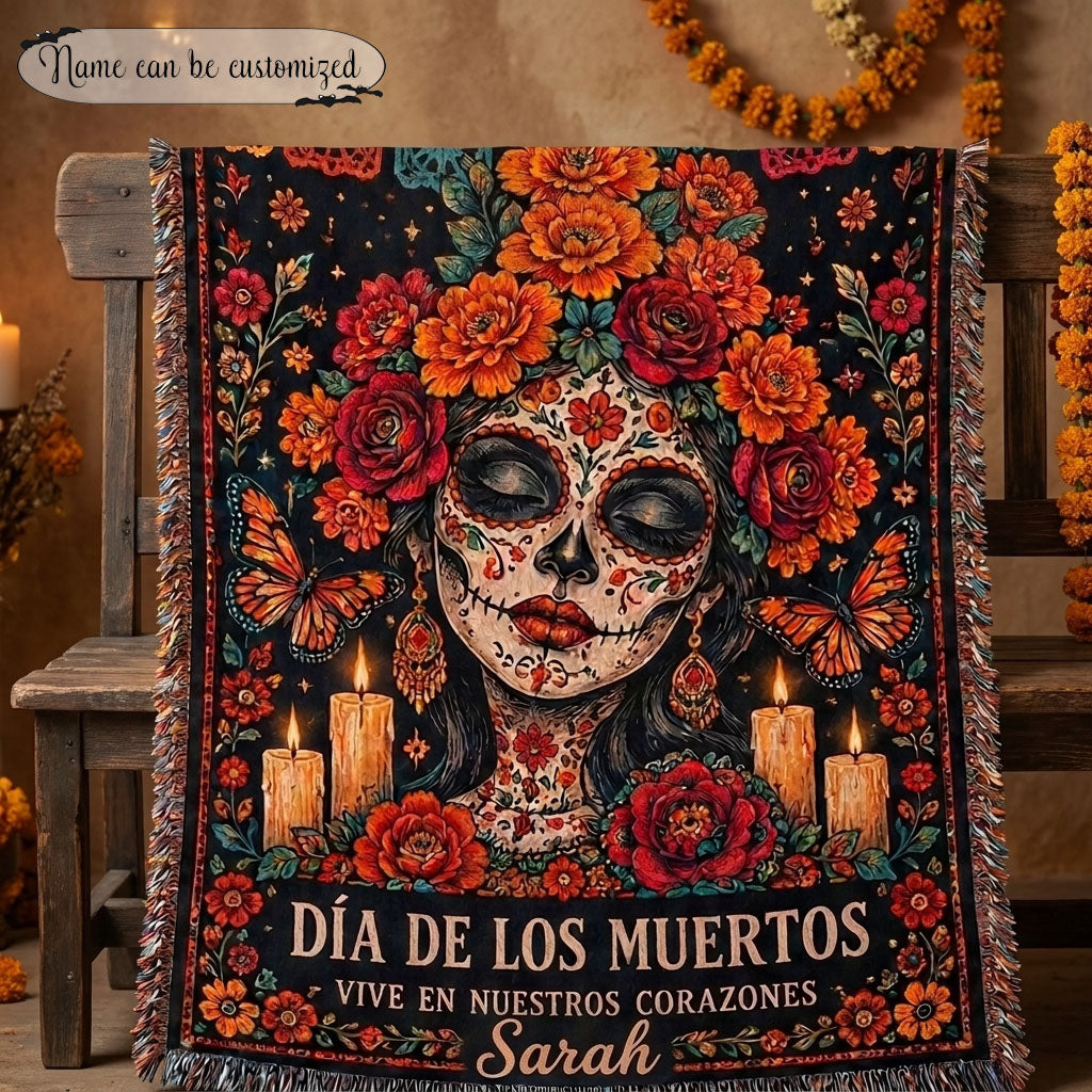 Día de los Muertos Floral Sugar Skull Woman Woven Blanket