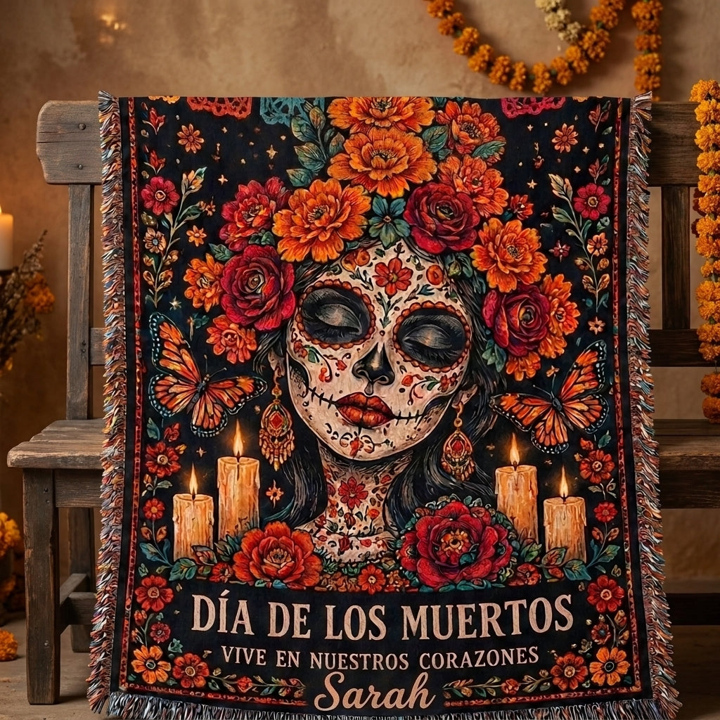 Día de los Muertos Floral Sugar Skull Woman Woven Blanket