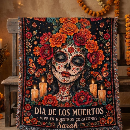Día de los Muertos Floral Sugar Skull Woman Woven Blanket