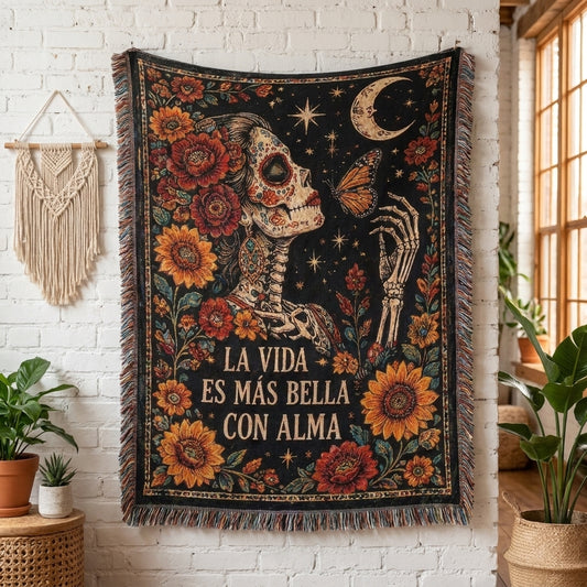 La Vida Es Más Bella Con Alma Floral Skeleton Woman Woven Blanket