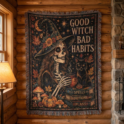 Good Witch Bad Habits Skeleton Witch & Black Cat Halloween Woven Blanket