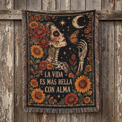 La Vida Es Más Bella Con Alma Floral Skeleton Woman Woven Blanket