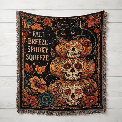 Fall Breeze Spooky Squeeze Sugar Skull Pumpkin Halloween Woven Blanket