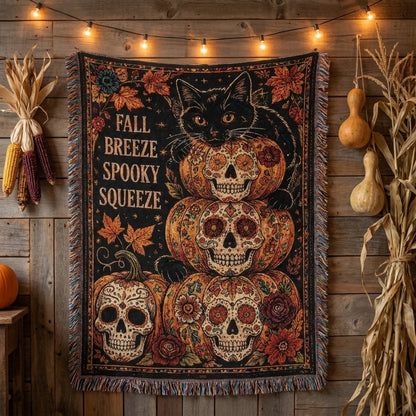Fall Breeze Spooky Squeeze Sugar Skull Pumpkin Halloween Woven Blanket
