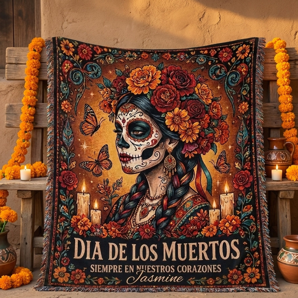 Día de los Muertos Sugar Skull Woman Personalized Woven Blanket