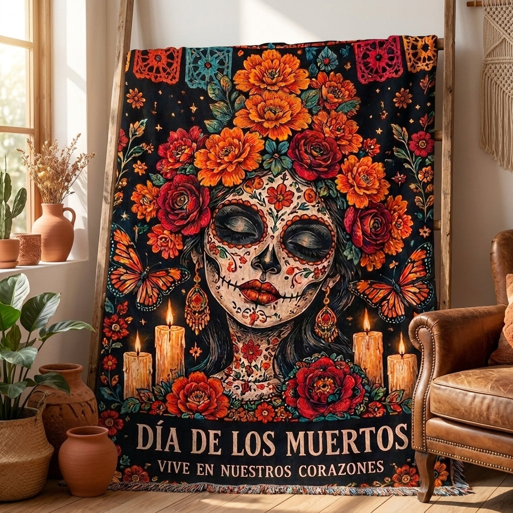 Día de los Muertos Floral Sugar Skull Woman Woven Blanket