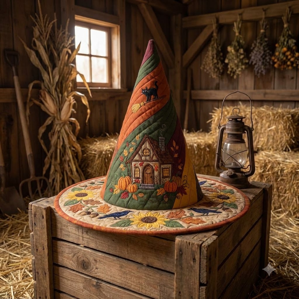 Autumn Cottage Quilted Witch Hat