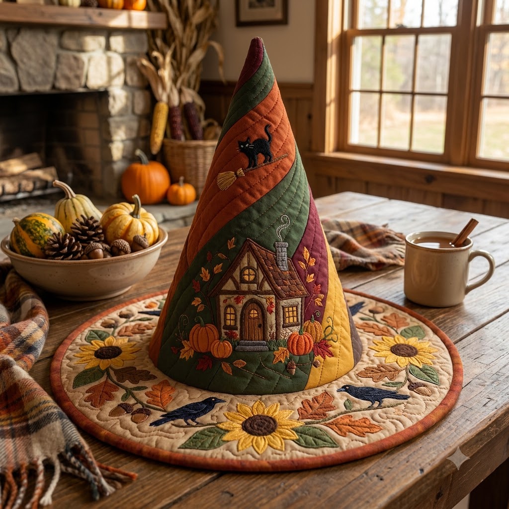 Autumn Cottage Quilted Witch Hat