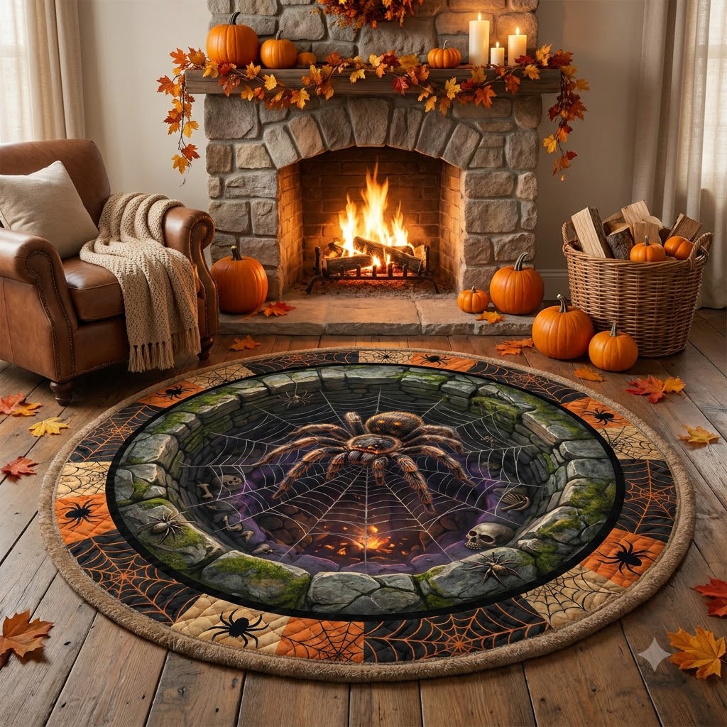 3D Halloween Spider Web Well Illusion Rug