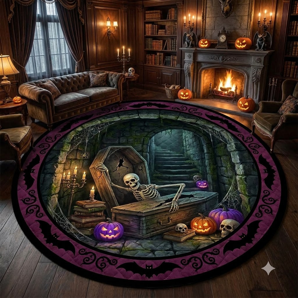 3D Halloween Skeleton Well Illusion Rug