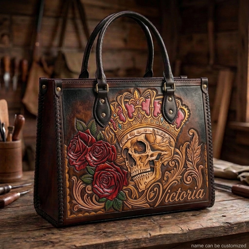Royal Crown Skull & Roses Leather Bag + Free Wallet