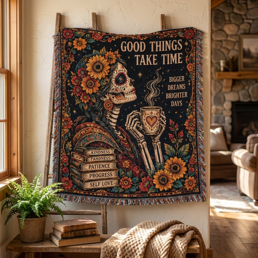 Good Things Take Time Sugar Skull Woman Woven Blanket